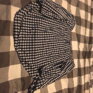 Off shoulder blue and white top.